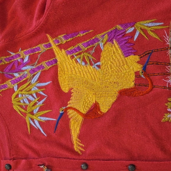 Soft Surroundings Embroidered Bird Charm Button Up Cardigan Pink Red Size Small - Picture 6 of 10